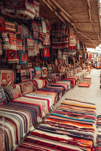 Colorful patterned rugs and blankets for sale at an outdoor market.