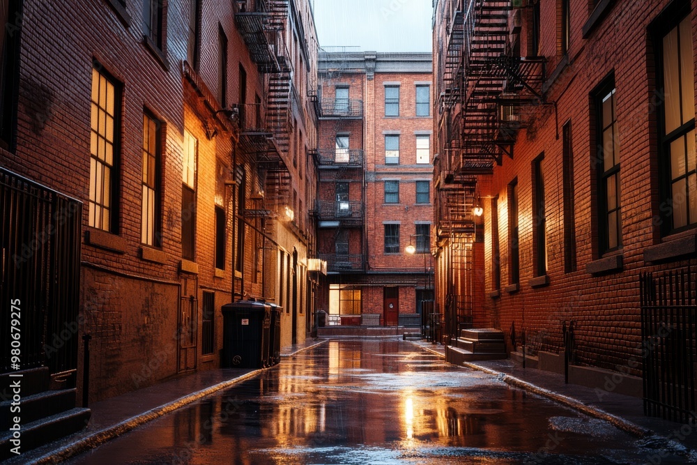 Fototapeta premium A narrow brick alleyway, lined with fire escapes, after a rain shower. The wet pavement reflects the lights from the windows.