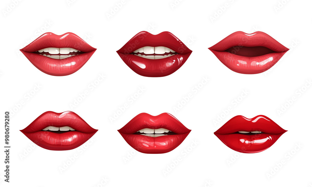 Set of realistic female lips with different expressions, including an open mouth and a smile, in a red color, isolated on a white background. Set of realistic female lips with different expressions, including an open mouth and a smile, in a red color, isolated on a white background.