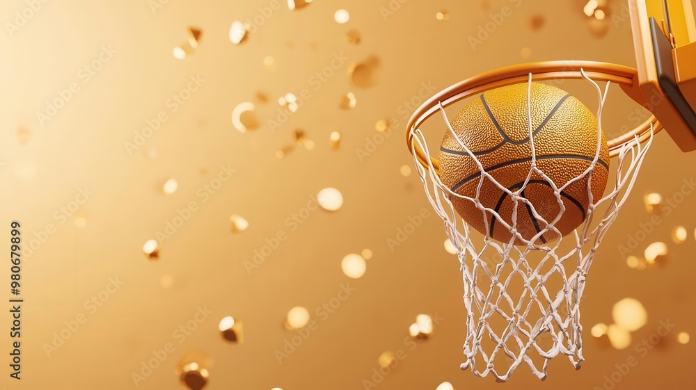 Closeup of a golden basketball hoop and net, with a golden basketball perfectly aligned above, about to score Closeup of a golden basketball hoop and net, with a golden basketball perfectly aligned above, about to score