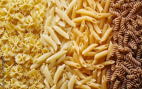 A close-up of various types of dried pasta, including bow tie, penne, and rotini. photo