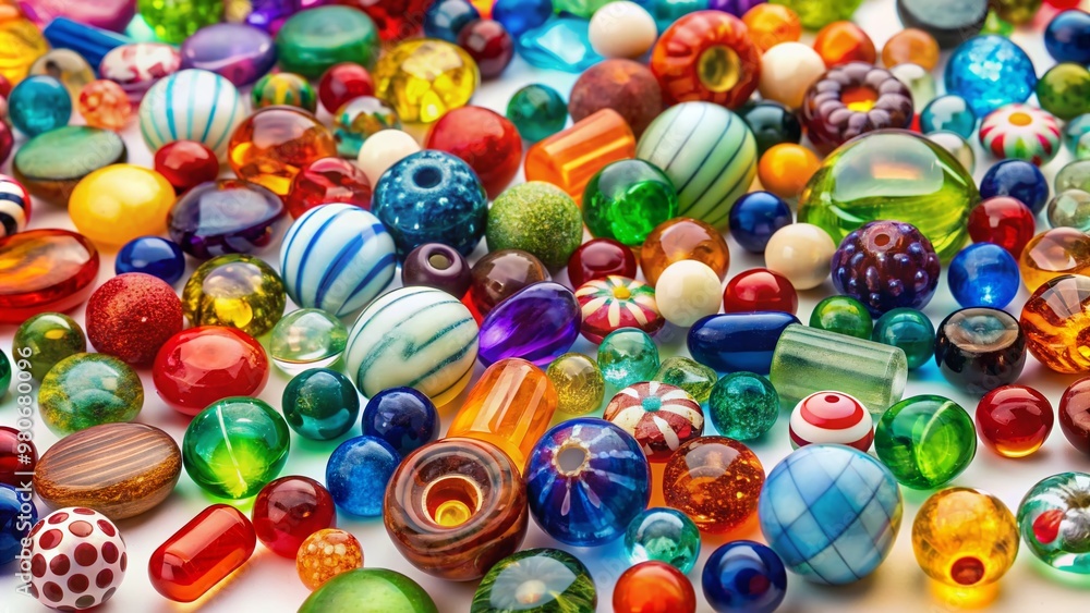 Fototapeta premium Vibrant glass beads in assorted shapes and sizes are randomly scattered across a pristine white background, showcasing a kaleidoscope of colors and textures.