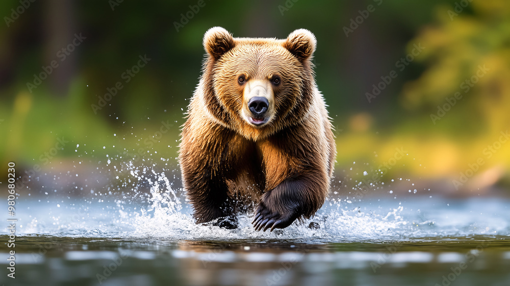 Fototapeta premium Brown Bear Running Through Water in Forest