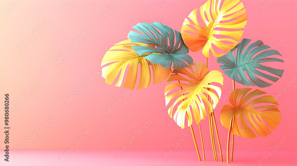 Obraz premium Golden and Teal Tropical Leaves on Pink Background, a Vivid and Vibrant Illustration of Summery Foliage with a Minimalist Aesthetic.