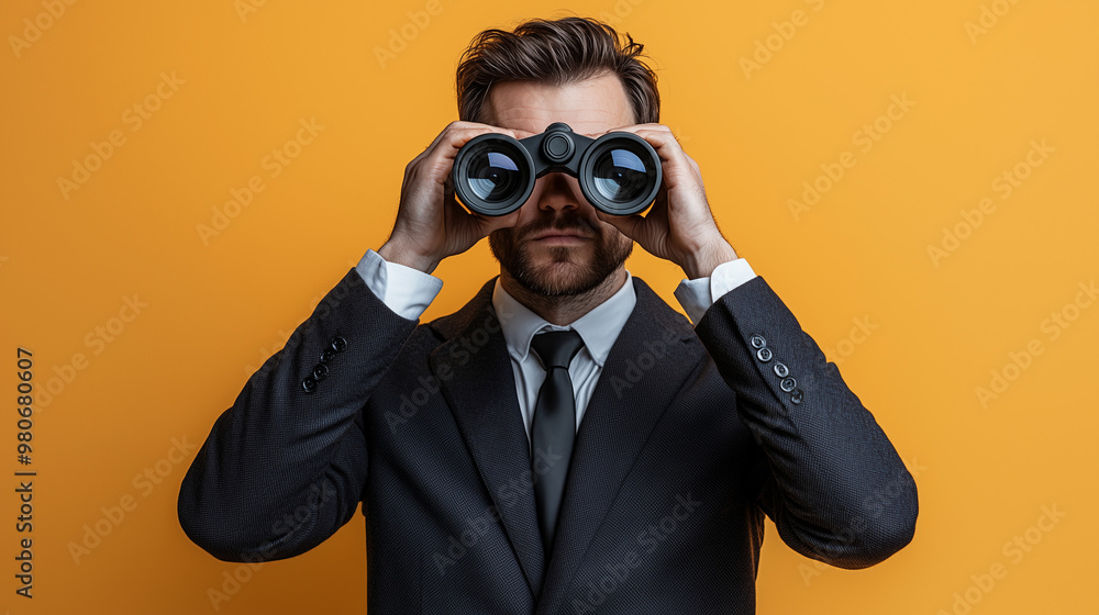 A businessman in a suit using binoculars, isolated on a simple background, business vision and mission concept A businessman in a suit using binoculars, isolated on a simple background, business vision and mission concept
