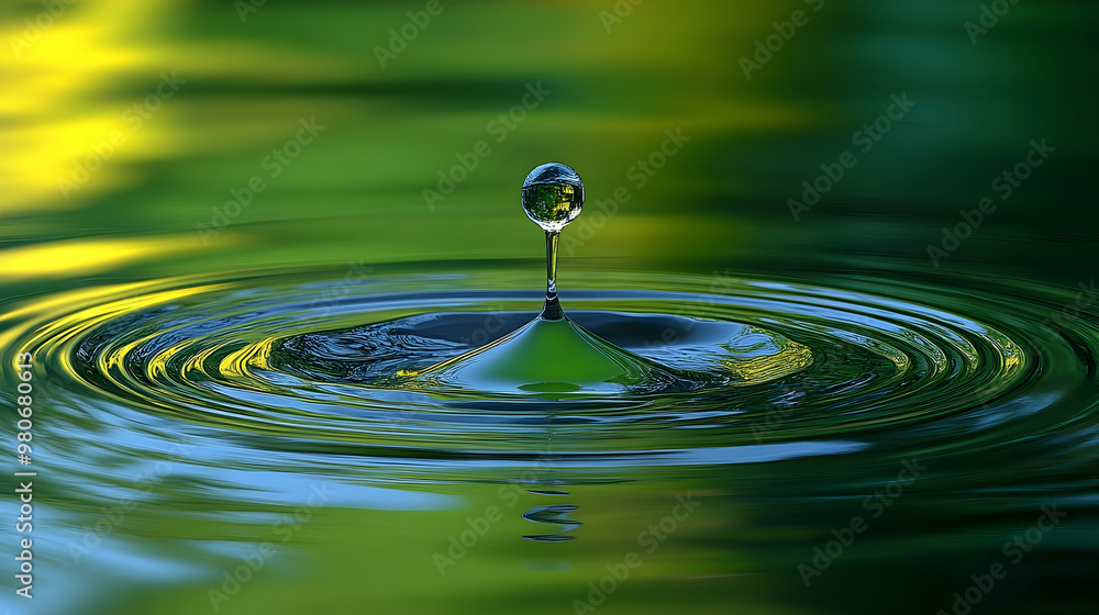 A Single Water Drop Creates Ripples and Concentric Circles in Still Water with a Green and Yellow Background A Single Water Drop Creates Ripples and Concentric Circles in Still Water with a Green and Yellow Background