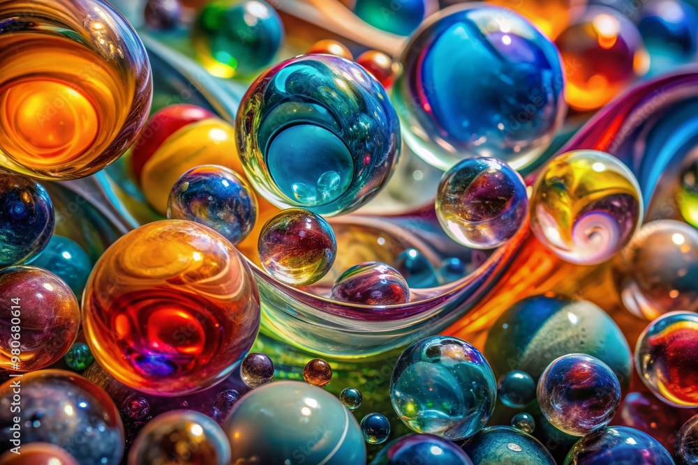 Vibrant abstract swirls of colored liquid dance amidst transparent glass beads, creating a mesmerizing, whimsical, and futuristic visual effect in this stunning macro photography capture. Vibrant abstract swirls of colored liquid dance amidst transparent glass beads, creating a mesmerizing, whimsical, and futuristic visual effect in this stunning macro photography capture.