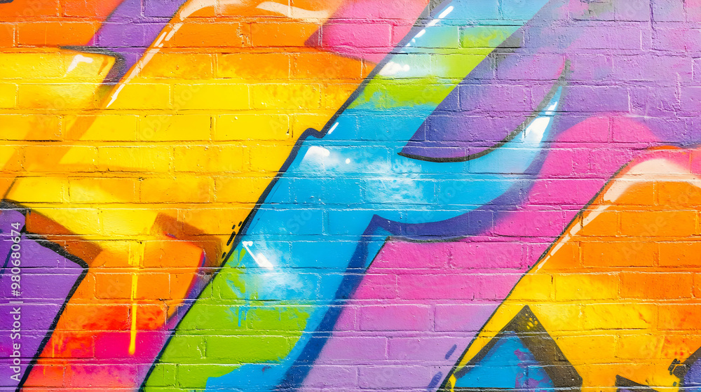 Fototapeta premium Abstract Graffiti Art on Brick Wall with Yellow, Blue, Pink, and Orange Colors
