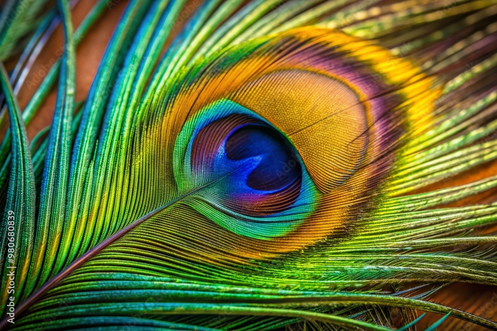 Fototapeta premium Abstract peacock feather, macro close up. Vivid exotic bird feather texture background.