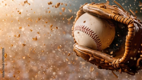 Golden baseball glove catching a ball, with a victorious pitcher in the background, and a full stadium cheering photo