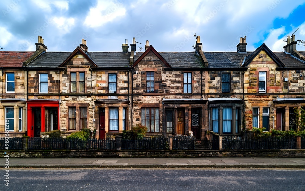 Fototapeta premium A row of traditional brick houses with a red door, a black iron fence, and a cloudy sky above.