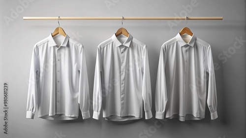 Empty white long-sleeved shirts on hangers, blank canvas for creative designs, isolated on a light grey background, perfect for advertising, branding, or marketing campaigns.