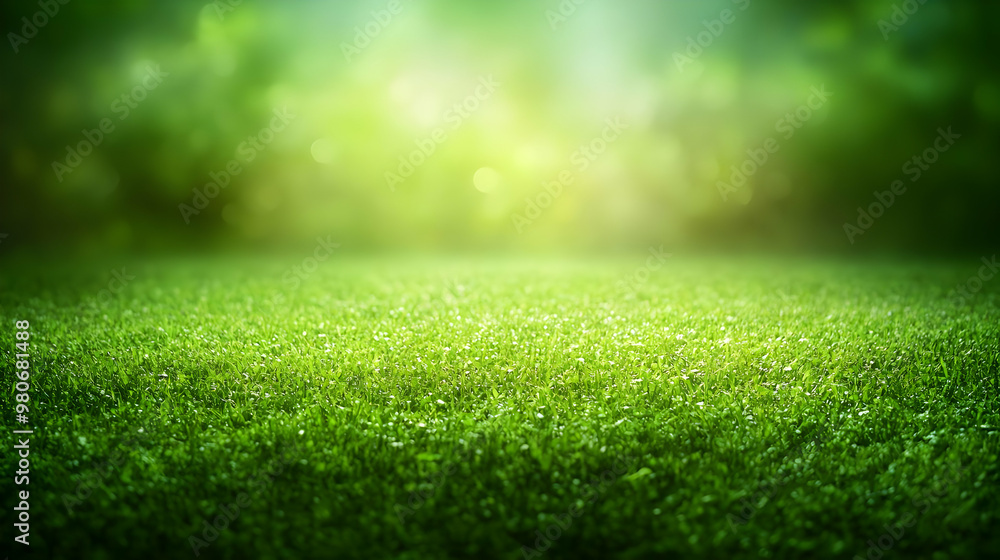 Fototapeta premium A Lush Green Grass Field with a Blurred Background of a Forest