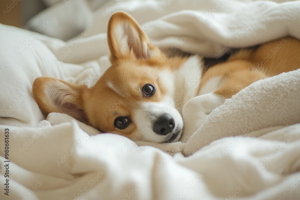 Dog wrapped in cozy blanket, adorable Welsh Corgi lying on white bedding, cute pet resting, indoors, relaxation, domestic animal comfort concept Dog wrapped in cozy blanket, adorable Welsh Corgi lying on white bedding, cute pet resting, indoors, relaxation, domestic animal comfort concept