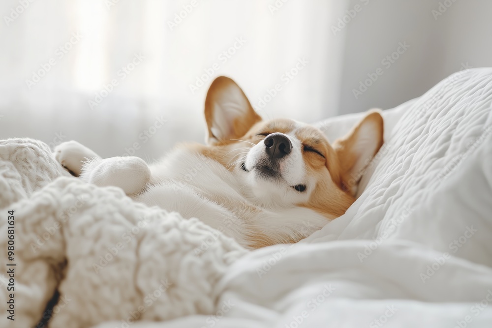 Relaxed corgi sleeping peacefully under cozy blankets, home comfort and relaxation, cute dog concept Relaxed corgi sleeping peacefully under cozy blankets, home comfort and relaxation, cute dog concept