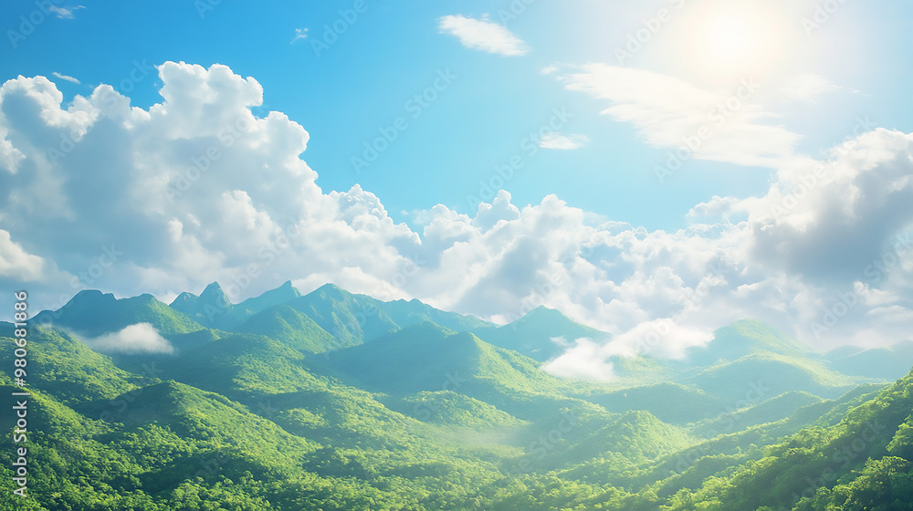 Travel background Spruces on hills - beautiful summer landscape, cloudy sky at bright sunny day. Travel background Spruces on hills - beautiful summer landscape, cloudy sky at bright sunny day.