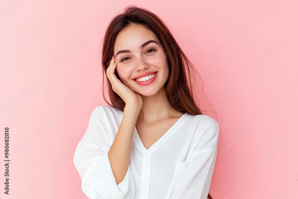 Smiling young woman in white shirt posing with hand on face, pink background Smiling young woman in white shirt posing with hand on face, pink background