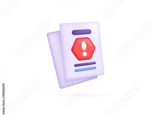 warning or complaint letter concept. report message. important documents. illustration of a paper with an exclamation mark symbol. symbol or icon. minimalist 3d style design. elements