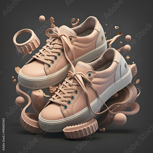 conceptual logo with  beige shoes  at dark background for shoes business, branding. Ai generated photo