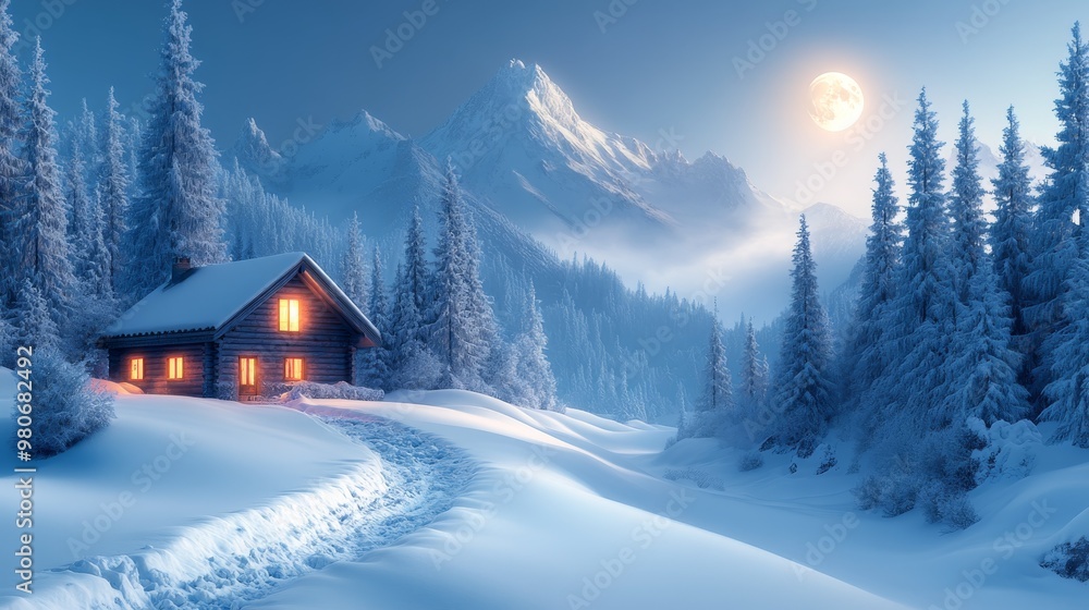 Naklejka premium Cozy Cabin Under the Full Moon in a Snowy Landscape