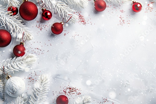 Festive Christmas background featuring white frosted pine branches adorned with red and white ornaments. Perfect for seasonal and holiday designs, adding a touch of elegance to any project.