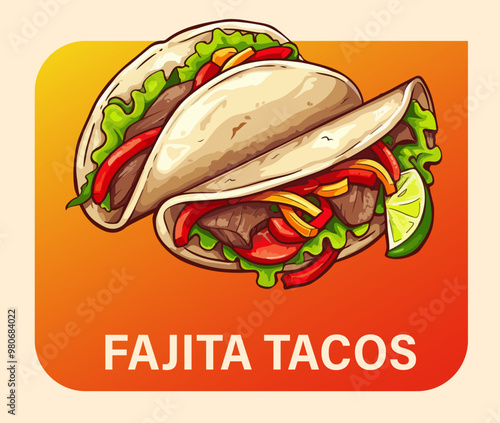 Fajita tacos delicious mexican food vector icon. Two cartoon fajita tacos illustration. The tacos are made with grilled meat, onions, and peppers wrapped in a soft tortilla