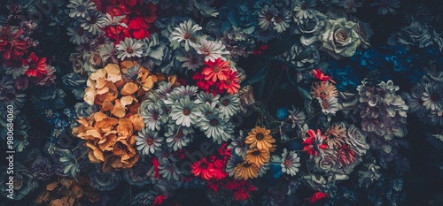 Photography Vintage artificial flower arrangement with a dark, moody aesthetic