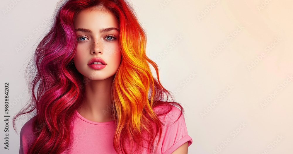 Jeune femme aux cheveux arc-en-ciel et look tendance en studio professionnel Jeune femme aux cheveux arc-en-ciel et look tendance en studio professionnel