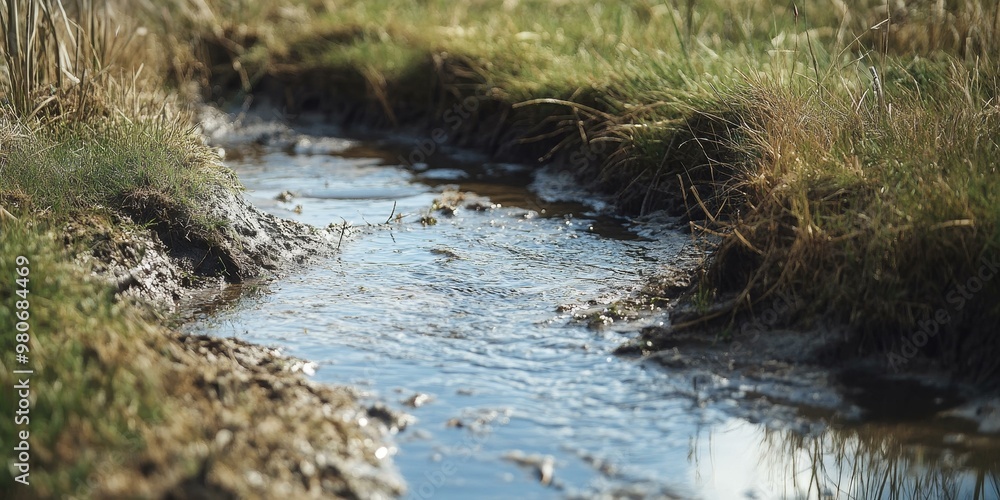 A small stream flows through grassy banks. A small stream flows through grassy banks.