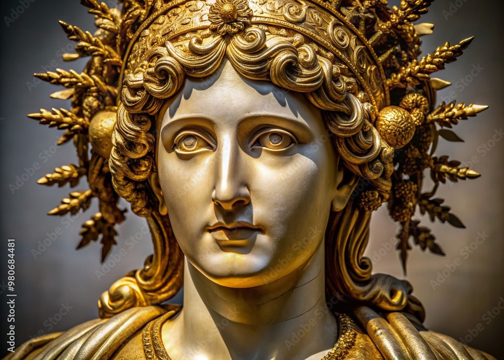 Intricately crafted antique statue in close-up, adorned with gold paint on its serene face, exudes grandeur, elegance, and artistic sophistication, reminiscent of ancient Greek or Roman monuments. Intricately crafted antique statue in close-up, adorned with gold paint on its serene face, exudes grandeur, elegance, and artistic sophistication, reminiscent of ancient Greek or Roman monuments.