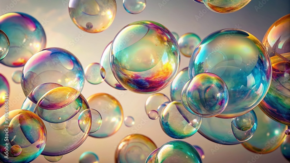 Vibrant, iridescent soap bubbles suspended in mid-air against a soft, creamy white minimalistic background, showcasing intricate, swirling patterns and mesmerizing optical effects. Vibrant, iridescent soap bubbles suspended in mid-air against a soft, creamy white minimalistic background, showcasing intricate, swirling patterns and mesmerizing optical effects.