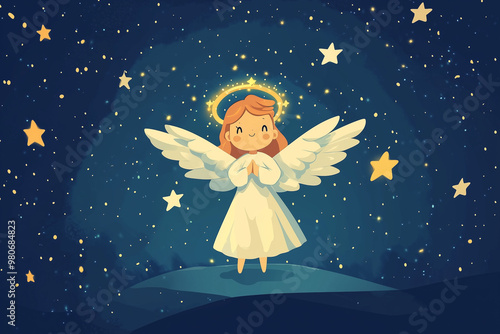 Christmas angel with a glowing halo, starry sky.