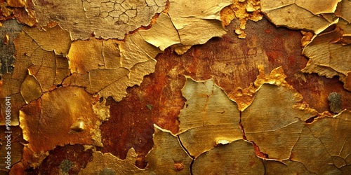 Weathered, cracked, and peeling layers of gold and copper leaf reveal worn, ancient textures, evoking a sense of timelessness and forgotten history. photo