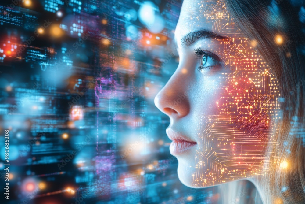 Futuristic woman with glowing neural networks and digital particles representing the fusion of human thought and artificial intelligence through advanced technology Futuristic woman with glowing neural networks and digital particles representing the fusion of human thought and artificial intelligence through advanced technology