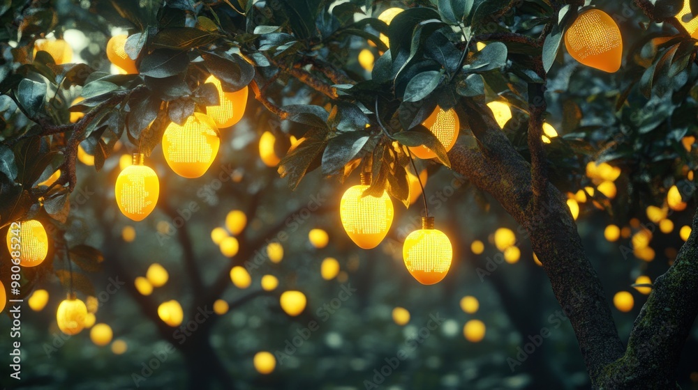 A serene orchard with glowing citrus fruits hanging from lush green trees. A serene orchard with glowing citrus fruits hanging from lush green trees.