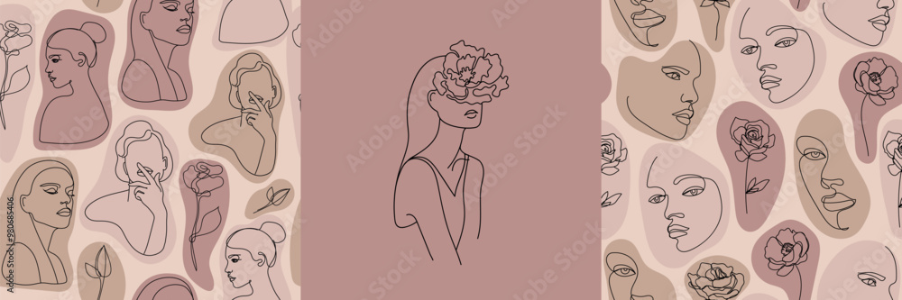 Vector line woman face seamless patterns, female art portraits with flowers and leaves, beauty minimalist background, illustration. Vector line woman face seamless patterns, female art portraits with flowers and leaves, beauty minimalist background, illustration.