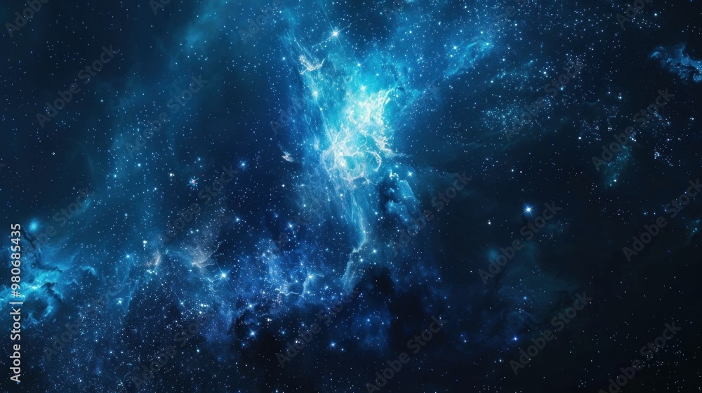 Stunning cosmic nebula in vibrant blue hues, set against a deep black space backdrop filled with stars and distant galaxies Stunning cosmic nebula in vibrant blue hues, set against a deep black space backdrop filled with stars and distant galaxies
