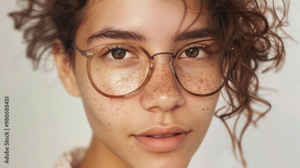 Close-up portrait of a young woman with glasses and freckles Close-up portrait of a young woman with glasses and freckles