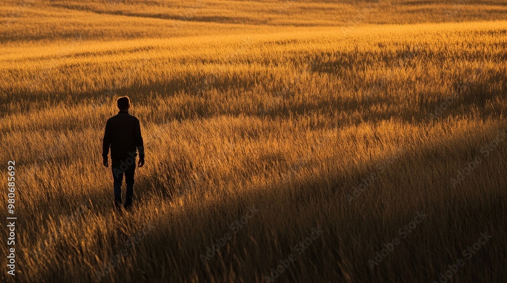 A solitary figure walks through a golden field at sunset, evoking tranquility and reflection. A solitary figure walks through a golden field at sunset, evoking tranquility and reflection.