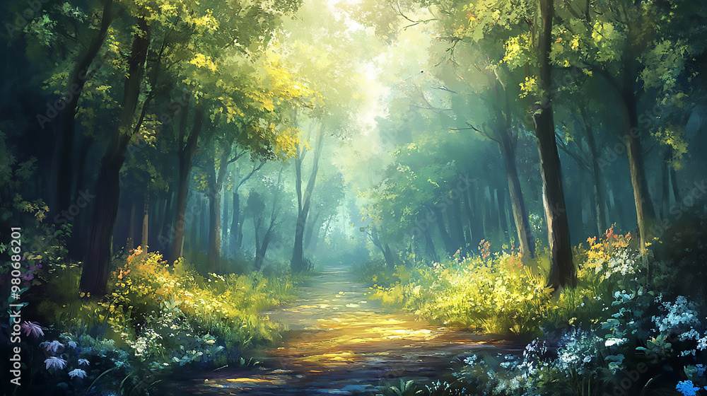 Misty forest with tall trees and a clear path, with large copy space in the sky and ground a sense of tranquility and renewal Misty forest with tall trees and a clear path, with large copy space in the sky and ground a sense of tranquility and renewal