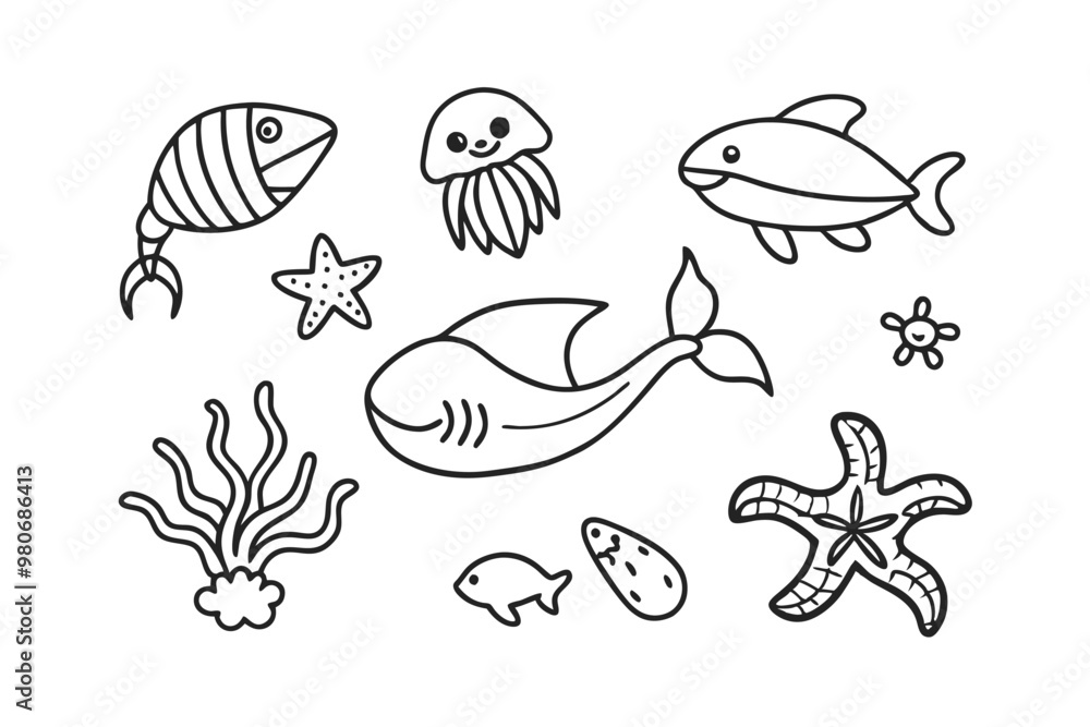 Set of shark Cartoon characters for illustration Black and white style Vector illustration of a cute Guppy doodle for kids colouring page Set of shark Cartoon characters for illustration Black and white style Vector illustration of a cute Guppy doodle for kids colouring page