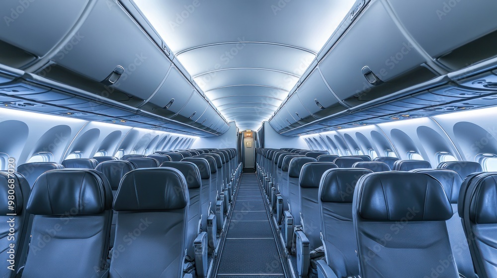 Interior view of an empty airplane cabin with rows of black leather seats. Interior view of an empty airplane cabin with rows of black leather seats.