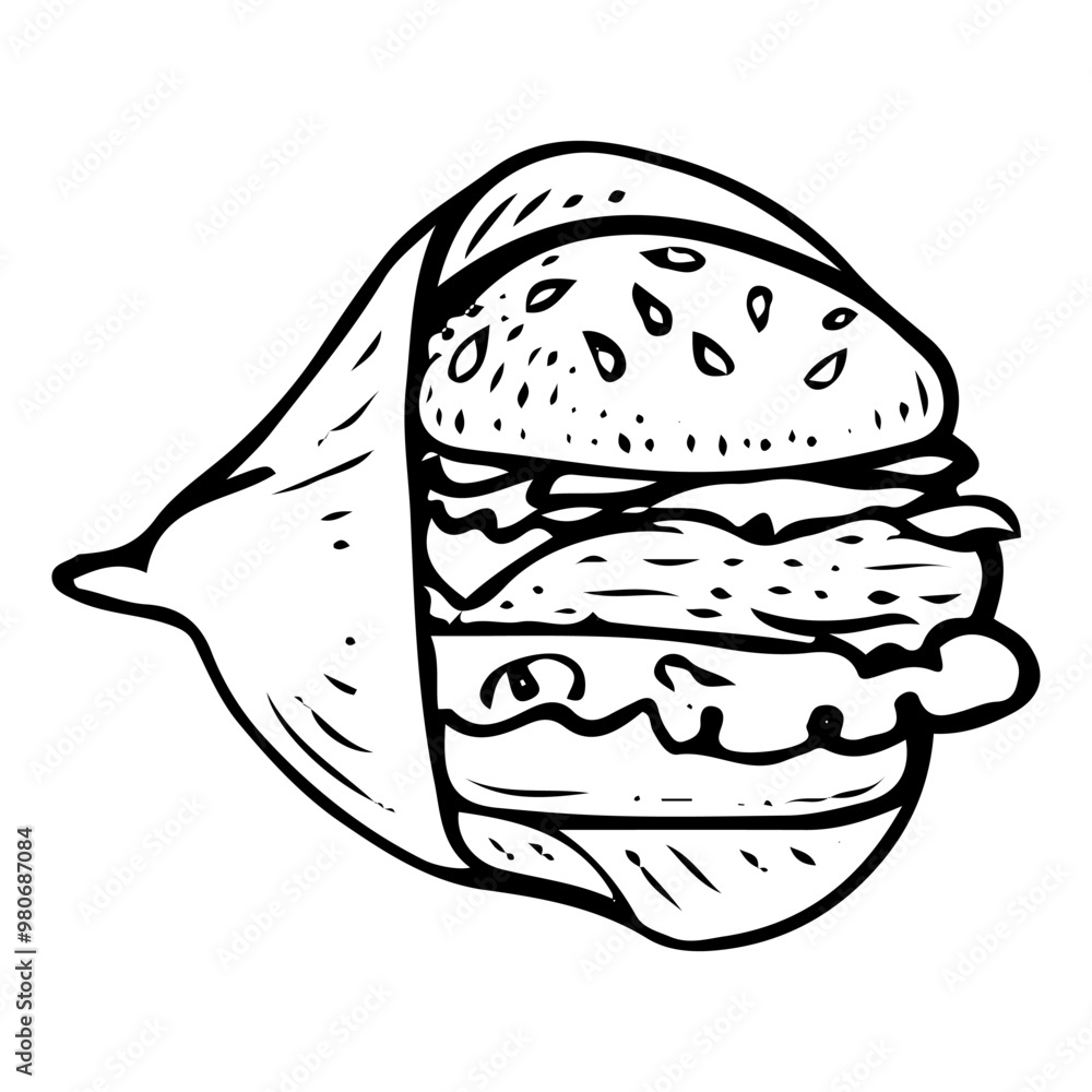 Hamburger hand drawn doodle. Beef patty sandwich, salad, sauce in paper bag. Sesame bun. Meat snack. Grill cafe. Fast food to go. Vector sketch line art illustration. Hamburger hand drawn doodle. Beef patty sandwich, salad, sauce in paper bag. Sesame bun. Meat snack. Grill cafe. Fast food to go. Vector sketch line art illustration.