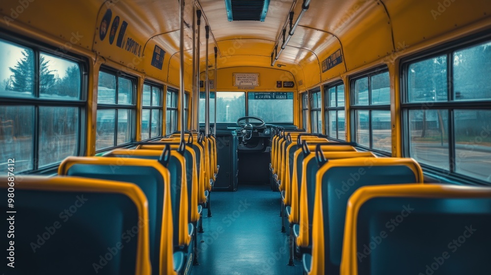 Fototapeta premium Interior view of a yellow school bus with empty seats and a driver's area.