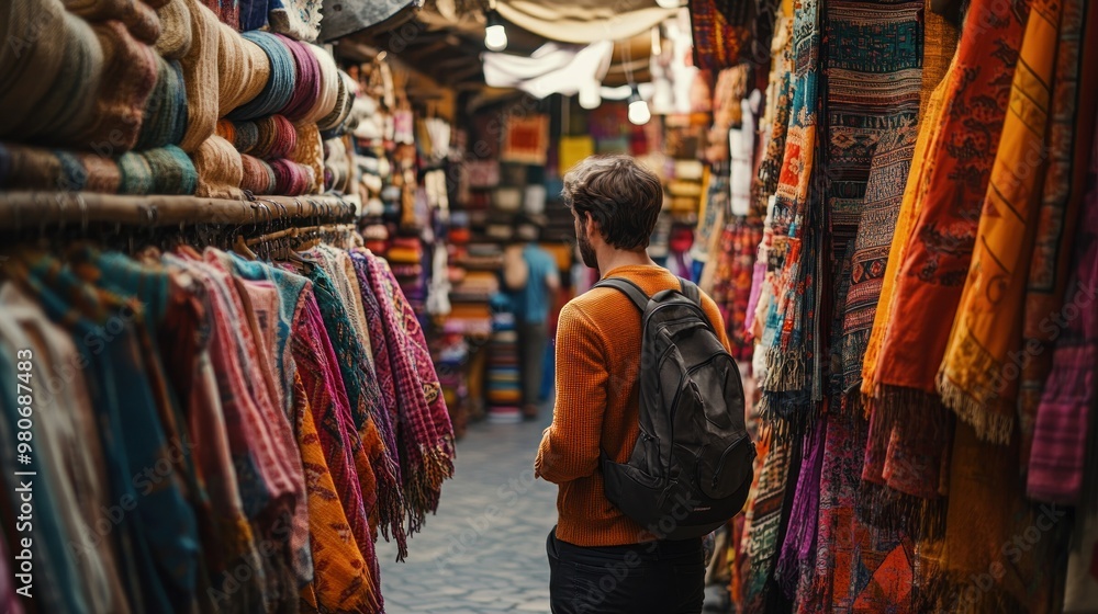 A person exploring a vibrant market filled with colorful textiles and goods. A person exploring a vibrant market filled with colorful textiles and goods.