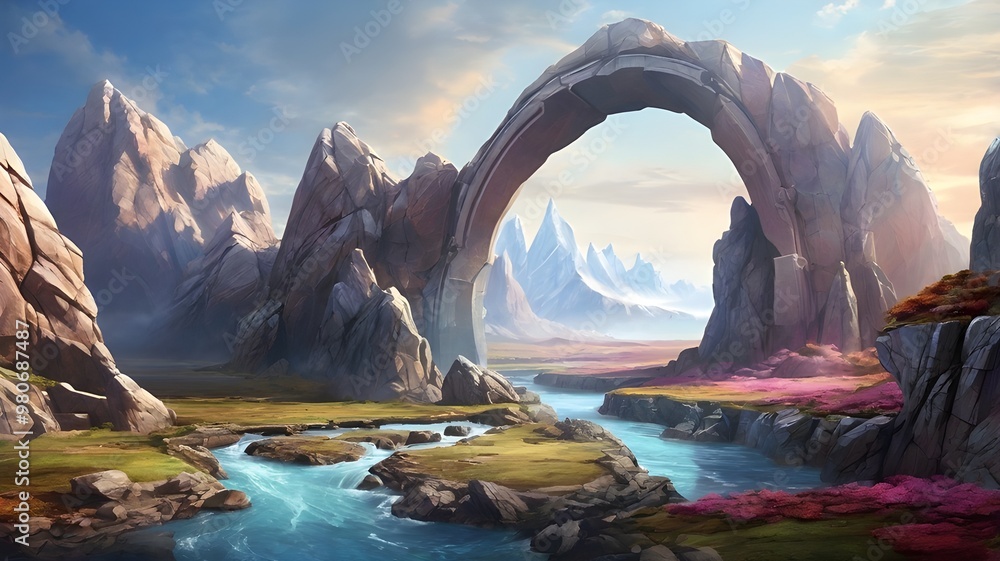 Fototapeta premium Fantasy Landscape with Majestic Arches of Stone Overlooking a Serene Lake for a Magical Adventure Scene