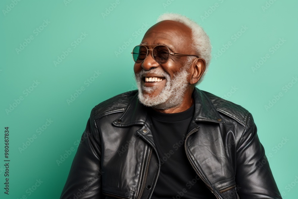 Portrait of a cheerful afro-american elderly man in his 90s sporting a classic leather jacket on pastel teal background Portrait of a cheerful afro-american elderly man in his 90s sporting a classic leather jacket on pastel teal background