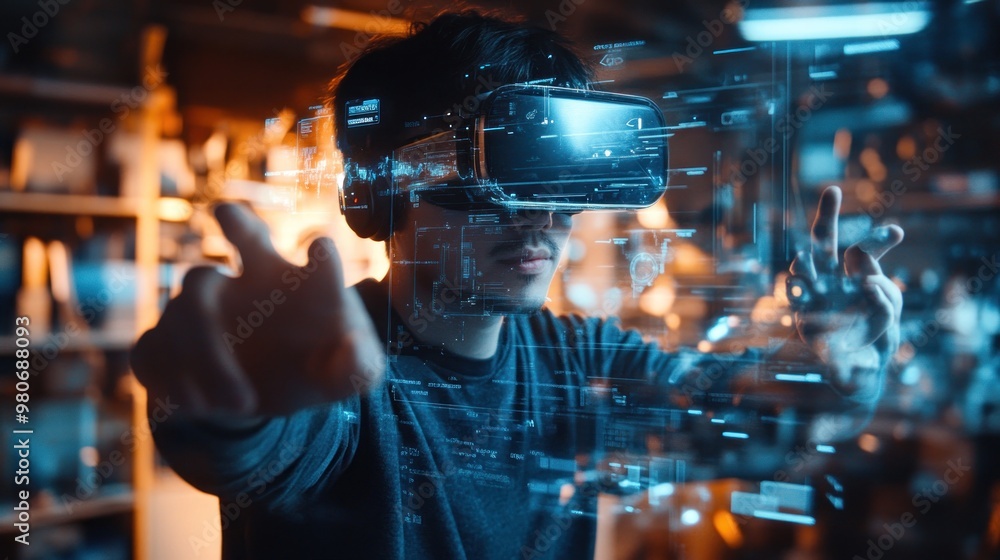 A person using a virtual reality headset, interacting with digital holograms. A person using a virtual reality headset, interacting with digital holograms.