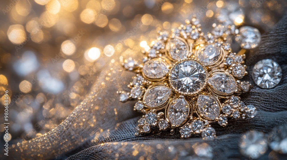 A close-up of an ornate brooch adorned with sparkling diamonds on a textured fabric background. A close-up of an ornate brooch adorned with sparkling diamonds on a textured fabric background.