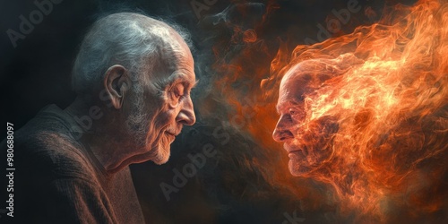 Two men, one engulfed in flames.